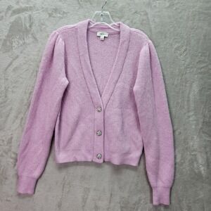 ON 34th Sweater Womens Small Lilac Cardigan Rhinestone Button Puff Sleeve Knit